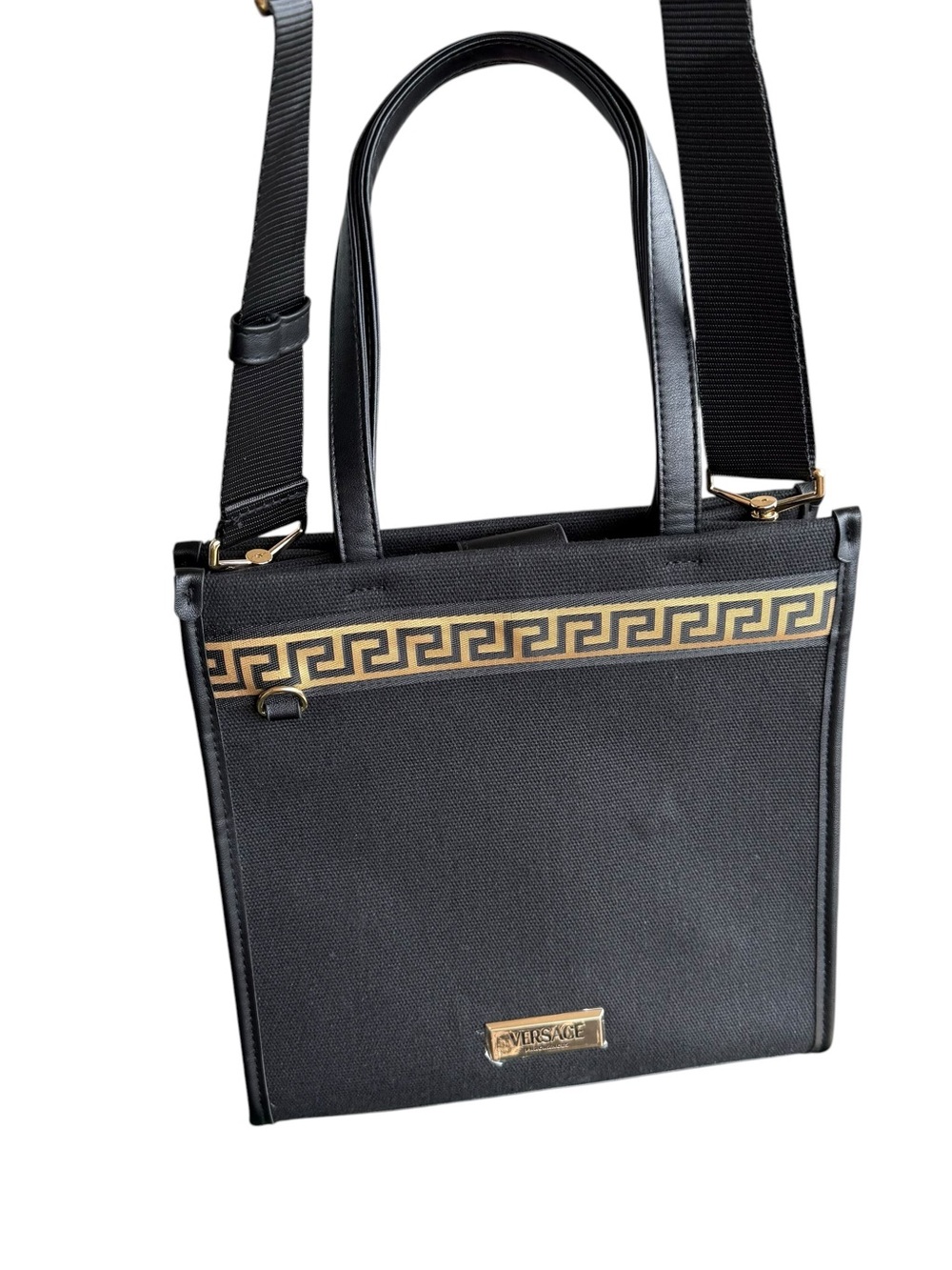 Versace Black Tote Bag with Gold Greek Key Accent